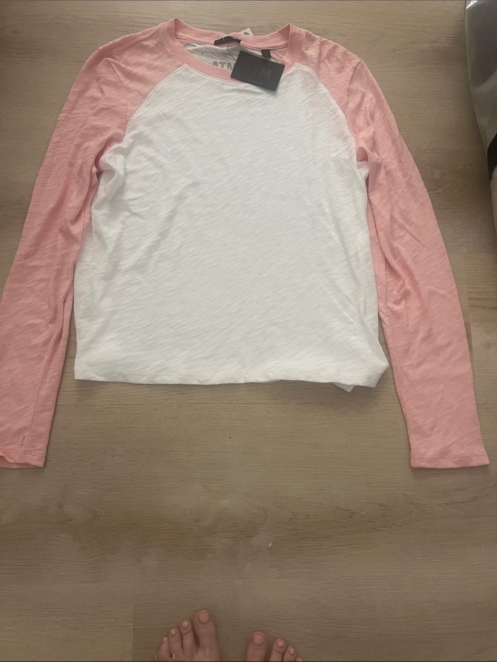 ATM WOMENS  Pink and White Raglan Long Sleeve Tee.